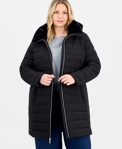 Michael Kors Plus Size Faux-fur-collar Hooded Packable Puffer Coat, Created For Macy's In Black