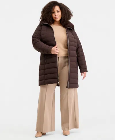 Michael Kors Plus Size Faux-fur-collar Hooded Packable Puffer Coat, Created For Macy's In Chocolate