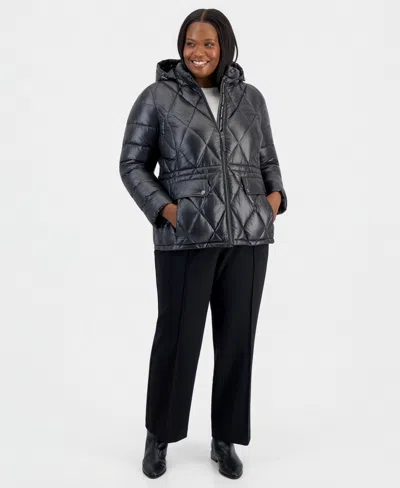 Michael Kors Plus Size Hooded Anorak Packable Puffer Coat, Macy's Exclusive In Black