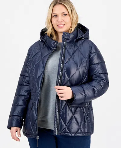 Michael Kors Plus Size Hooded Anorak Packable Puffer Coat, Macy's Exclusive In Blue