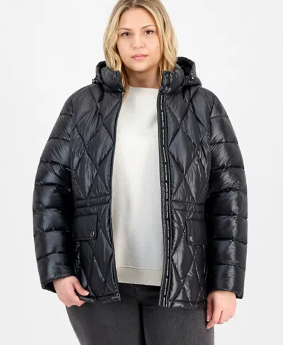 Michael Kors Plus Size Hooded Packable Puffer Coat In Black