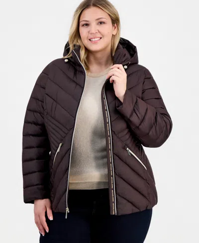 Michael Kors Plus Size Hooded Packable Puffer Coat In Brown