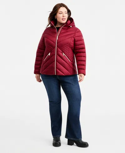Michael Kors Plus Size Hooded Packable Puffer Coat In Red