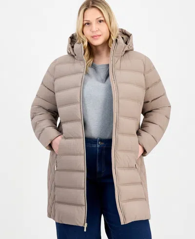 Michael Kors Plus Size Hooded Packable Puffer Coat, Macy's Exclusive In Neutral