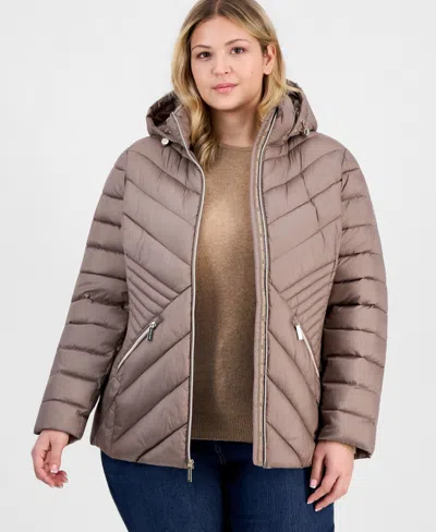 Michael Kors Plus Size Hooded Packable Puffer Coat In Brown
