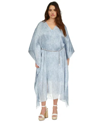 Michael Kors Plus Size Printed Belted Poncho In Chambray