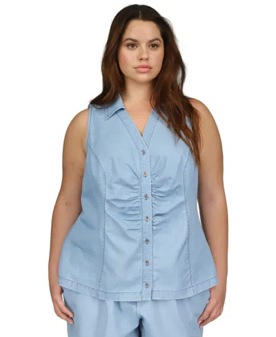 Michael Kors Plus Size Sleeveless Button-front Top In Sky Blue Wash