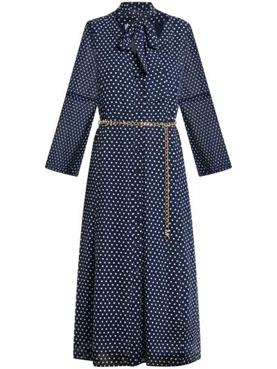 Michael Kors Polka-dot Belted Midi Dress In Blue