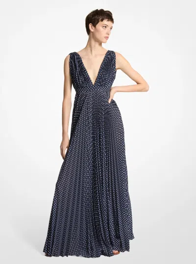 Michael Kors Polka Dot Georgette Pleated Gown In Blue