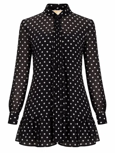 Michael Kors High Neck Sheer Polka Dot Mini Dress In Black