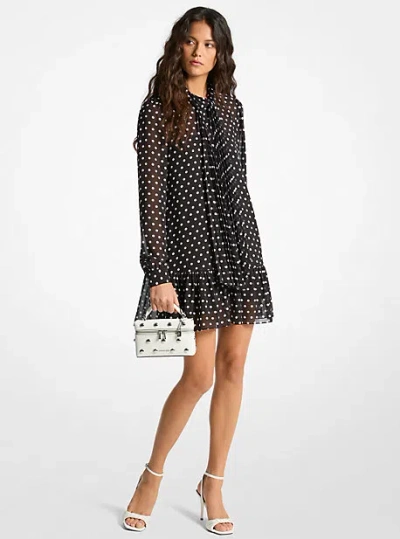 Michael Kors Polka Dot Print Georgette Tie-neck Dress In Black