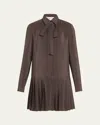 Michael Kors Polka-dot Silk Pleated Drop-waist Bow Mini Shirtdress In Brown