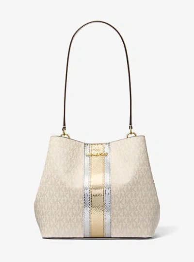 Michael Kors Pratt Medium Signature Logo And Metallic Shoulder Bag In Gold