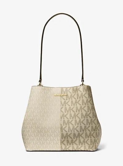 Michael Kors Pratt Medium Two-tone Metallic Signature Logo Shoulder Bag In Gold