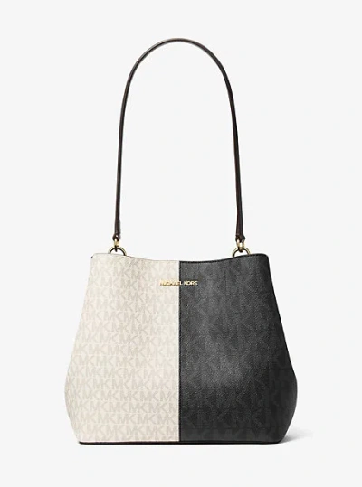 Michael Kors Pratt Medium Two-tone Signature Logo Shoulder Bag In Black