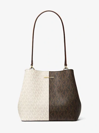 Michael Kors Pratt Medium Two-tone Signature Logo Shoulder Bag In Brown