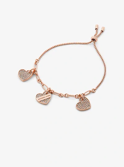 Michael Kors Logo Engraved Pavé Heart Charm Bracelet In Rose Gold