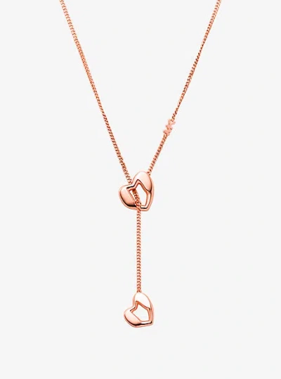 Michael Kors Precious-metal Plated Sterling Silver Heart Chain Lariat Necklace In Rose Gold