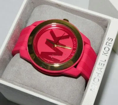 Pre-owned Michael Kors Preston Gold,dark Pink Silicone Band,mk Logo Dial Watch Mk2533
