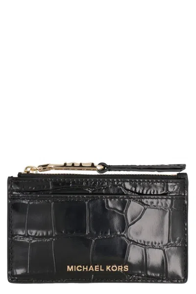 Michael Kors Printed Leather Card Holder In Black