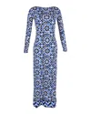 Michael Kors Printed Stretch Maxi Dress With Slit In Blue Polyester In Blue