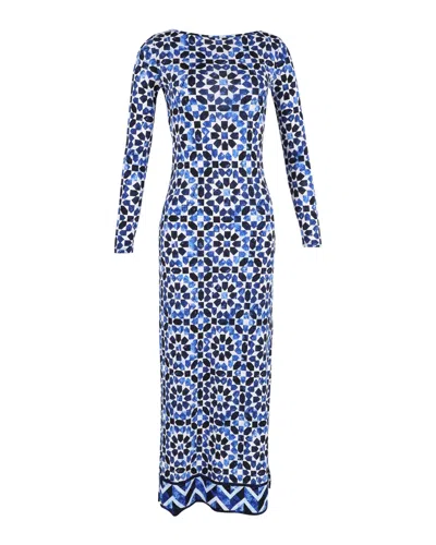 Michael Kors Printed Stretch Maxi Dress With Slit In Blue Polyester