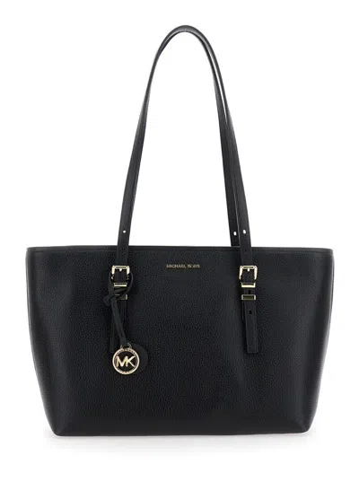 Michael Kors 'quinn' Black Medium Tote Bag With Removable Logo Charm And Embossed Logo Lettering On The Front