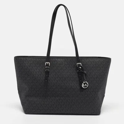 Pre-owned Michael Kors Quinn Black Signature Coated Canvas And Leather Tote