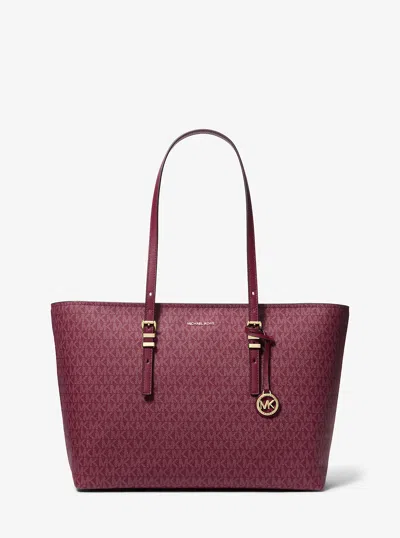 Michael Kors Quinn Large Signature Logo And Leather Tote Bag In Burgundy