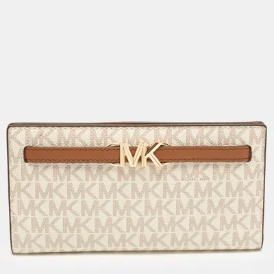 Pre-owned Michael Kors Reed White/brown Signature Coated Canvas Long Wallet