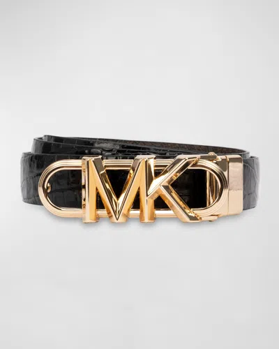 Michael Kors Reversible Monogram & Croc-embossed Leather Belt In Black