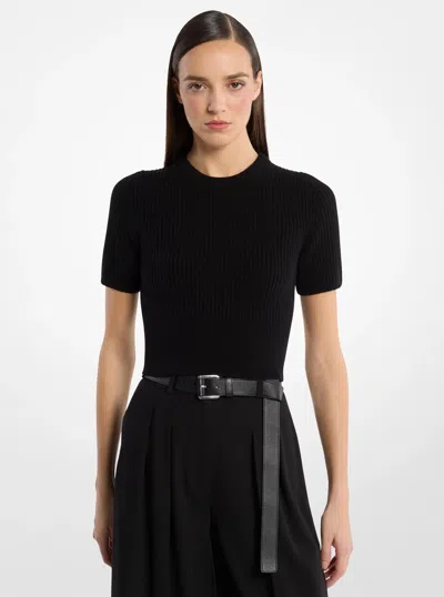 Michael Kors Ribbed Cashmere Three-quarter Sleeve Cropped Sweater In Black
