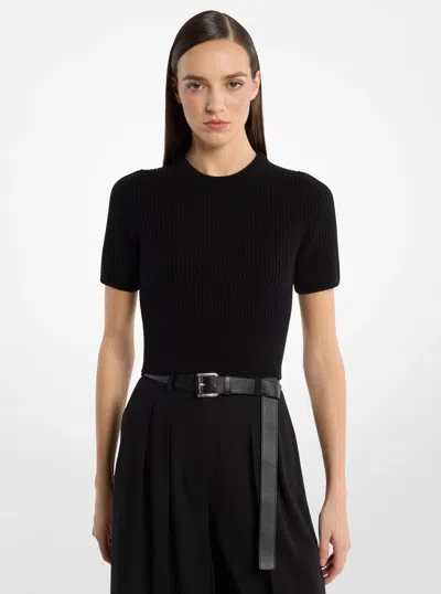 Michael Kors Ribbed Cashmere Three-quarter Sleeve Cropped Sweater In Black