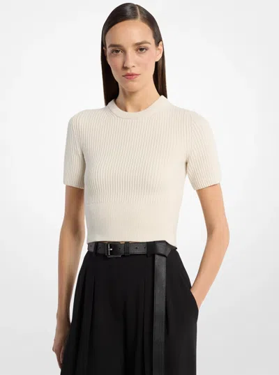 Michael Kors Ribbed Cashmere Three-quarter Sleeve Cropped Sweater In White