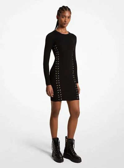 Michael Kors Ribbed Stretch Knit Lace-up Dress In Black