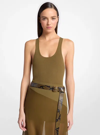Michael Kors Ribbed Stretch Viscose Bodysuit In Green