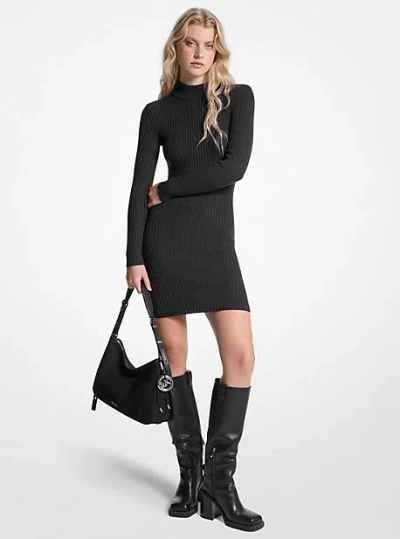 Michael Kors Ribbed Stretch Wool Mock Neck Dress In Black
