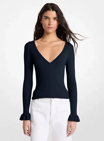 Michael Kors Ribbed Wool Blend V-neck Sweater In Blue
