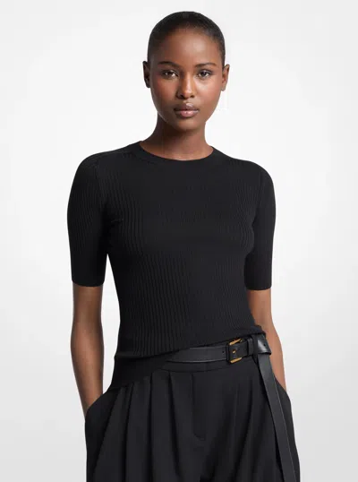 Michael Kors Ribbed Wool Elbow-sleeve Sweater In Black