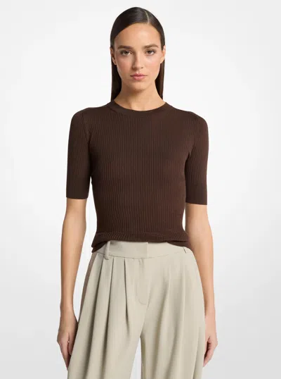 Michael Kors Ribbed Wool Elbow-sleeve Sweater In Brown In Burgundy