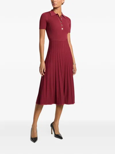 Michael Kors Ribbed-knit Pleated Midi Dress In Red