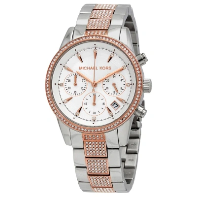 Michael Kors Ritz Chronograph Quartz Crystal Silver Dial Ladies Watch Mk6651 In Two Tone  / Gold Tone / Rose / Rose Gold Tone / Silver