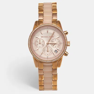 Pre-owned Michael Kors Ritz Mk6307 Champagne Gold Tone Stainless Steel Acetate Women's Wristwatch 37 Mm In Sand