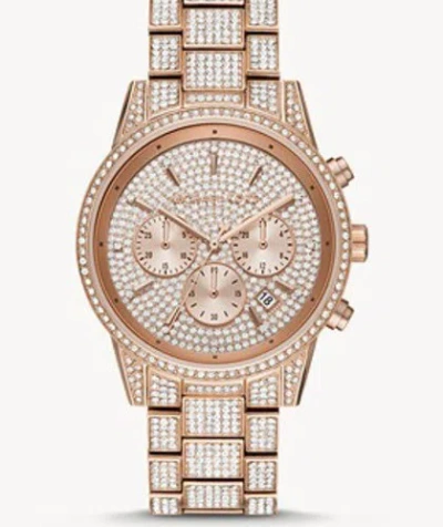 Pre-owned Michael Kors Ritz Three-hand Glitz Rose Gold-tone Stainless Steel Watch Mk6748