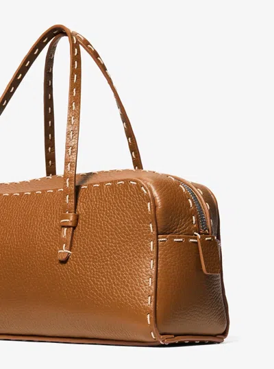Michael Kors Roberta Hand-stitched Pebbled Leather Satchel In Brown