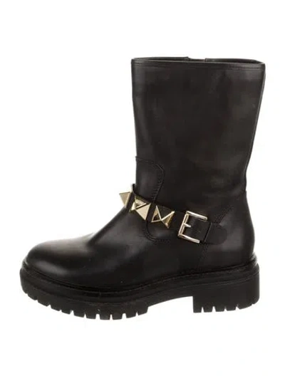 Pre-owned Michael Kors Rockstud Accents Leather Moto Boots In Black