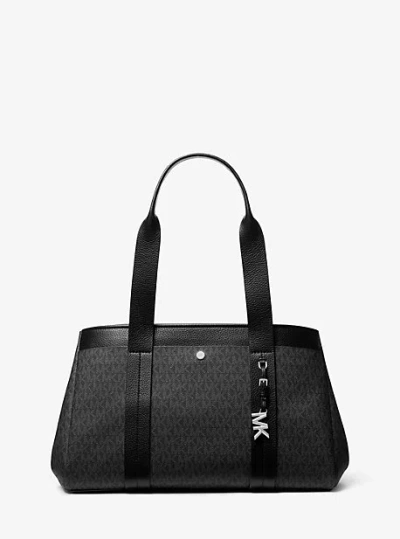 Michael Kors Romee Large Signature Logo And Leather Tote Bag In Black