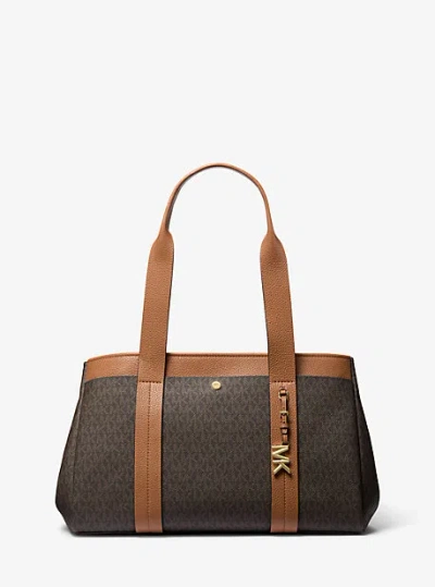 Michael Kors Romee Large Signature Logo And Leather Tote Bag In Brown