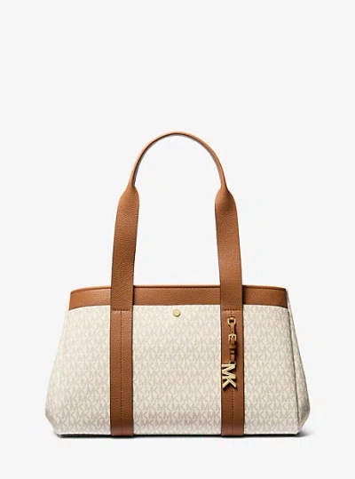 Michael Kors Romee Large Signature Logo And Leather Tote Bag In Natural