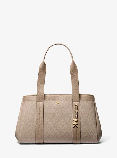 Michael Kors Romee Large Signature Logo And Leather Tote Bag In Natural